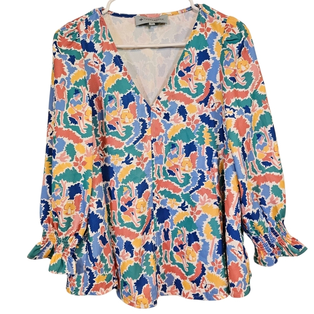 Tuckernuck Cabana Novelty Print Easton Blouse Ruffle Top Vneck